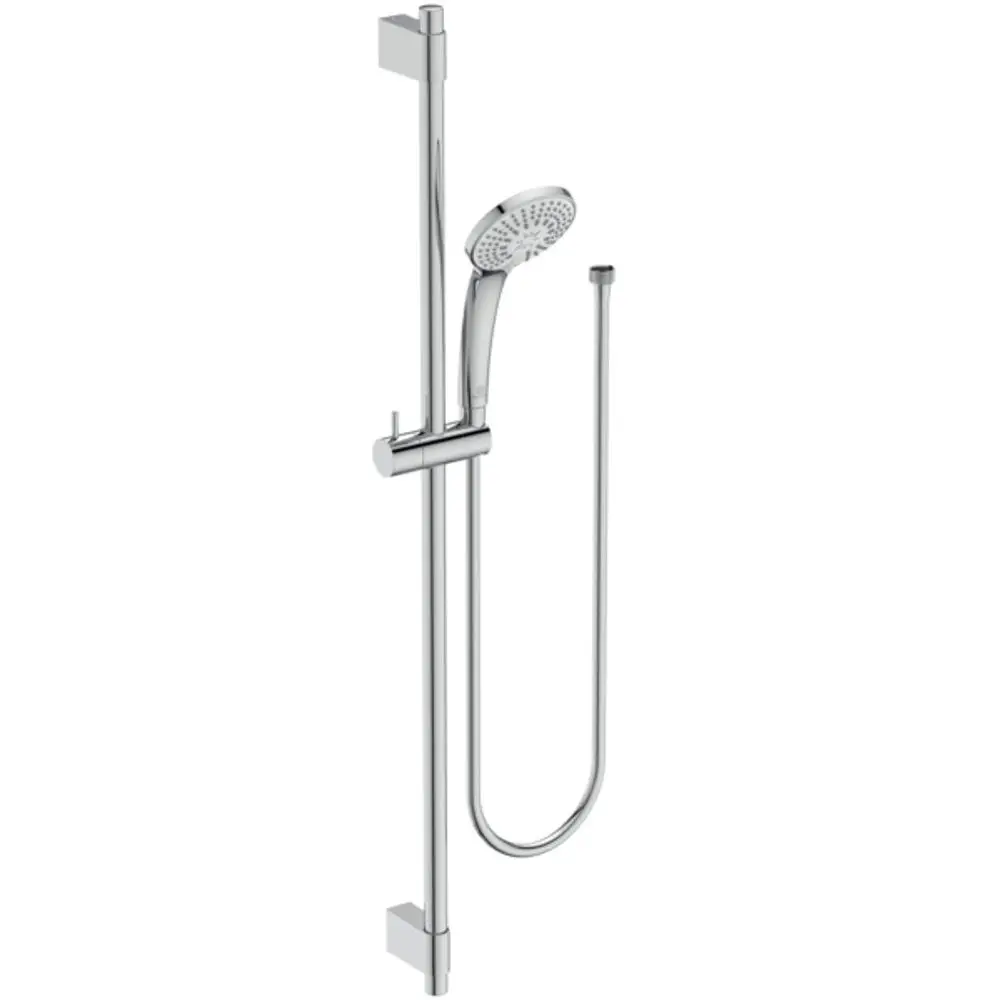 Handbrause von Ideal Standard an einem Chrom-Wandhalter, ausgestattet mit einem flexiblen Schlauch und einem klar strukturierten Design.